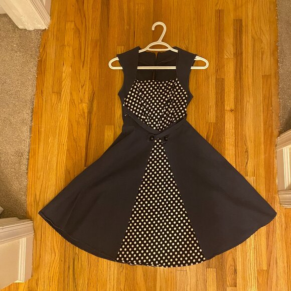 Dark Blue Polka Dot Midi Dress Fit and Flare with Square Neckline Size S - Picture 10 of 10